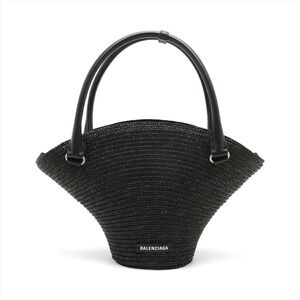 Balenciaga Straw Tan Leather Basket Bag Black